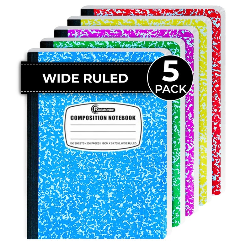 Rosmonde 5 Pack Composition Notebook Wide Ruled  200 Pages (100 Sheets)  9-3/4x7-1/2  Notebooks for Work  Back to School Supplies  Hard Cover Composition Books  Notebooks for Women  Colors May Repeat - Image 1